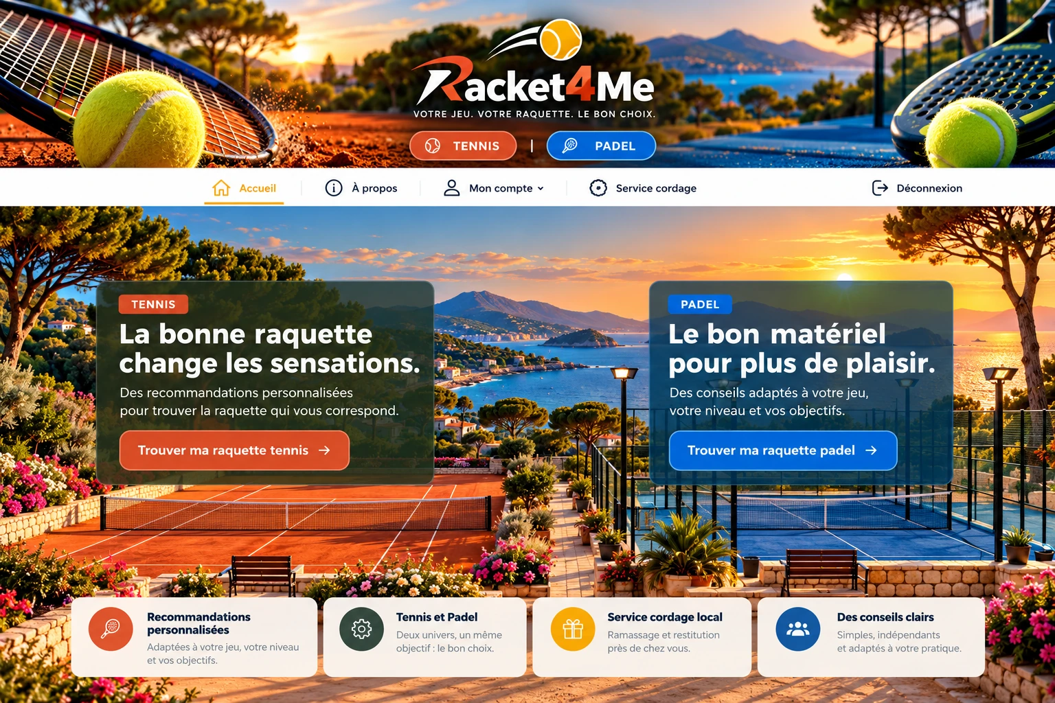 Racket4Me au coucher du soleil : Tennis et Padel, avec leurs parcours et les services